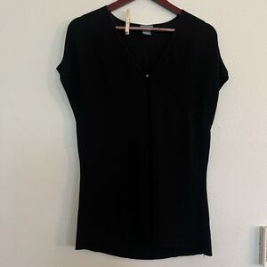 Ann Taylor Black Knit Travel Cap Sleeve Keyhole Button Neck Blouse Top SZ XL